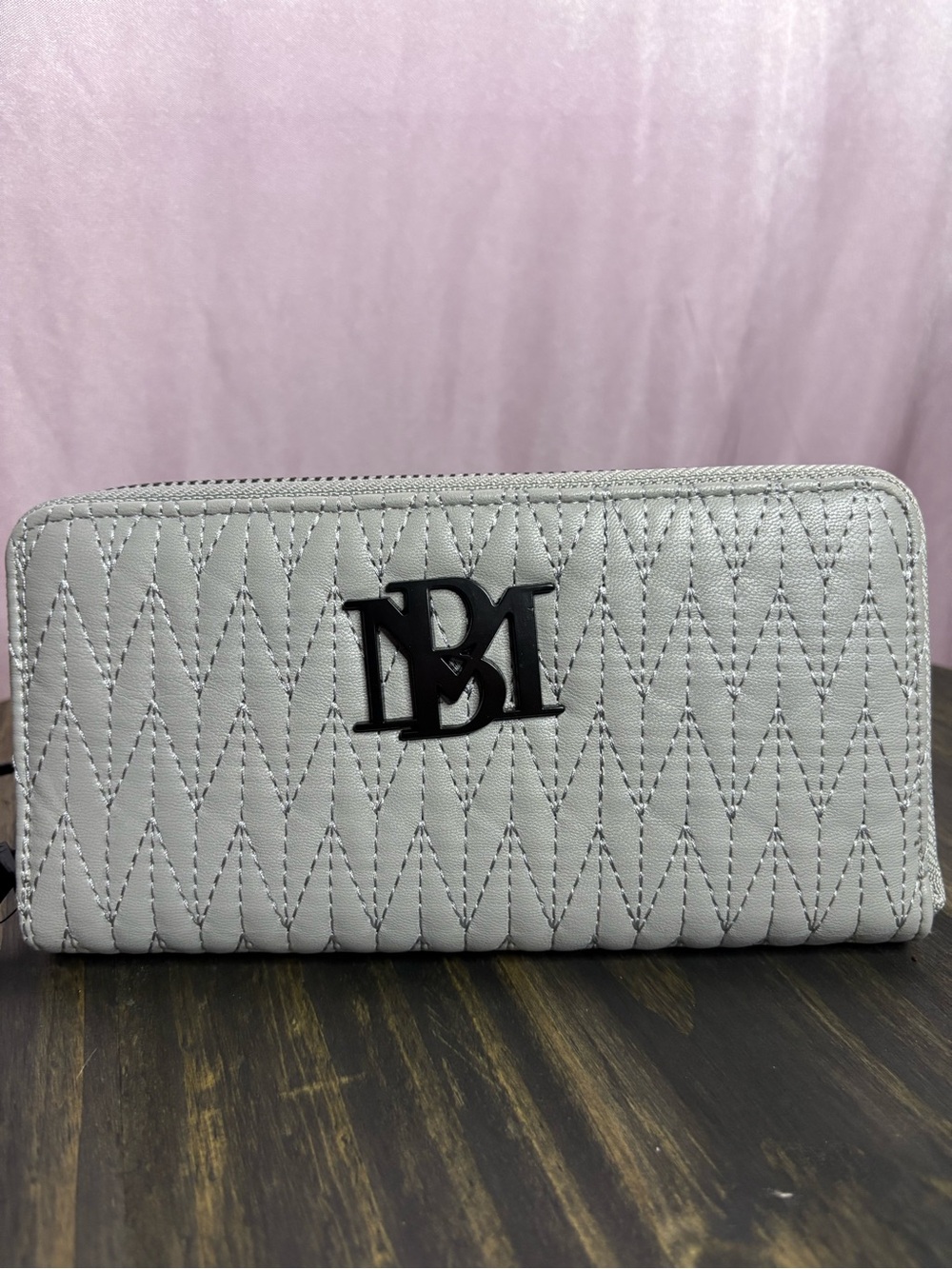 Badgley Mischka Quilted Zip Wallet in Light Gray with Black Logo